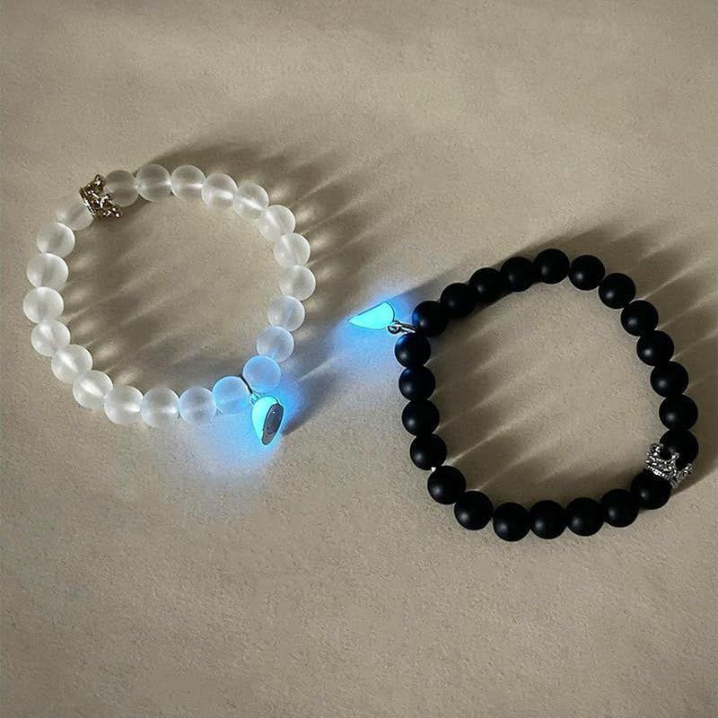 Couple's Light Up Beaded Bracelet with Crown and Heart - Set of 2