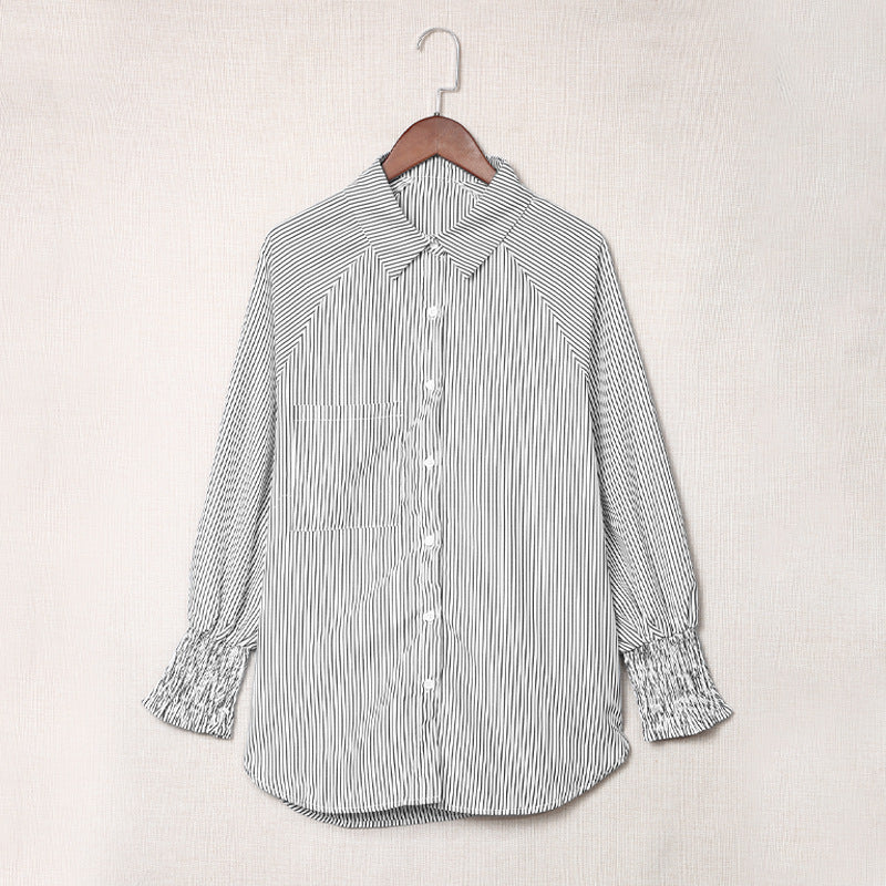 Striped Stand Collar Loose Long Sleeve Shirt