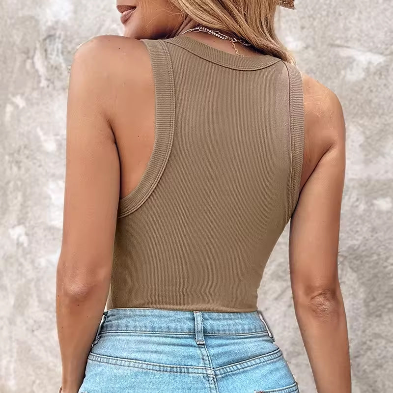 Ribbed Round Neck Tank Top With Bra Pads