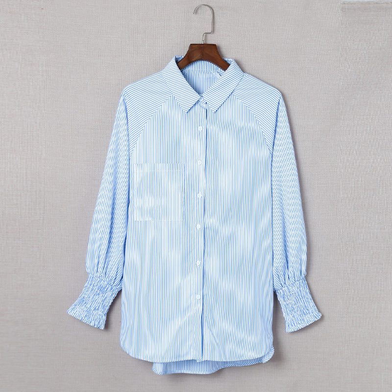 Striped Stand Collar Loose Long Sleeve Shirt