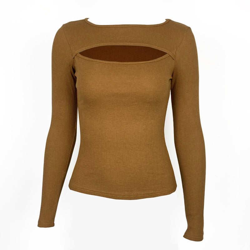 Sexy Chest Cutout Long Sleeve Ribbed Tops