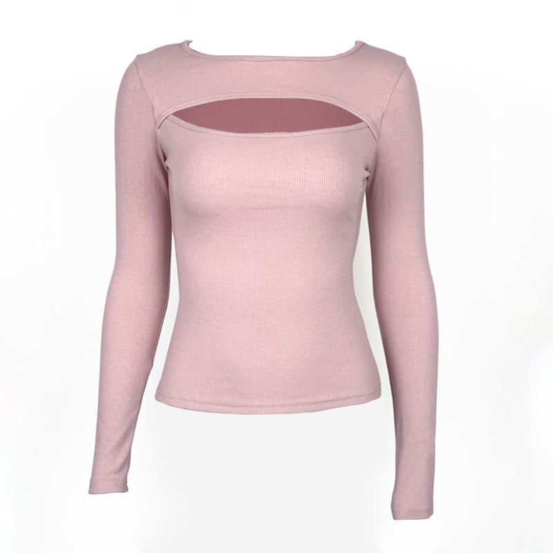 Sexy Chest Cutout Long Sleeve Ribbed Tops